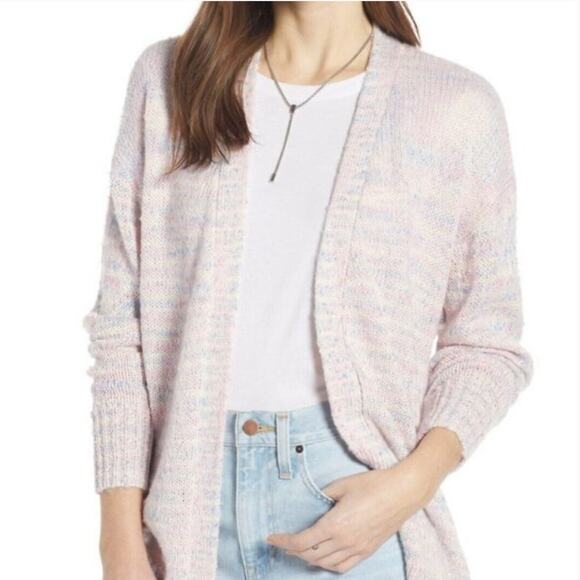 Something Navy Cardigan Womens M Pastel Multicolor Open Front Longline Knit - Picture 1 of 7